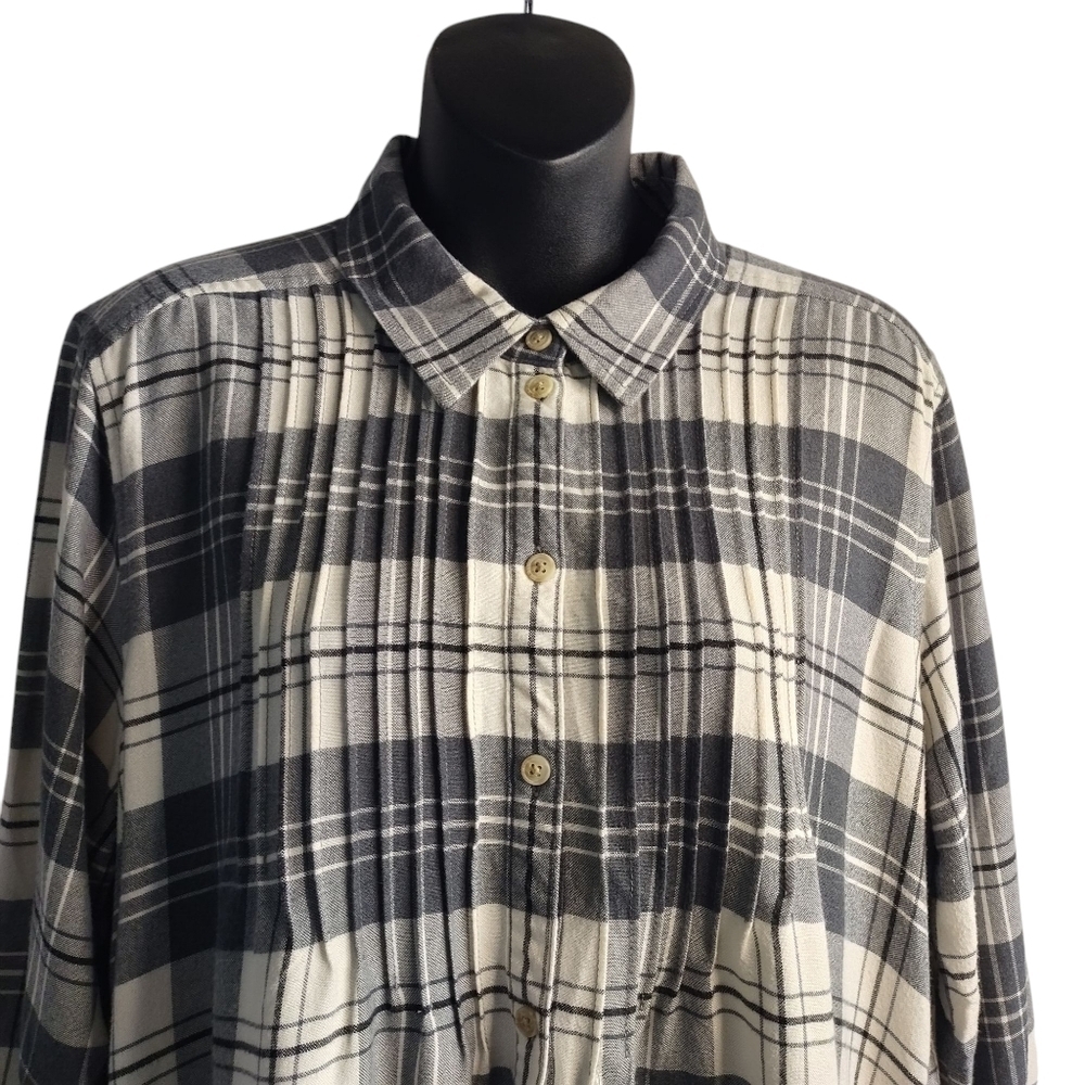 American Eagle Women's White Gray Plaid Check Button Flannel Blouse Size L - Picture 3 of 9